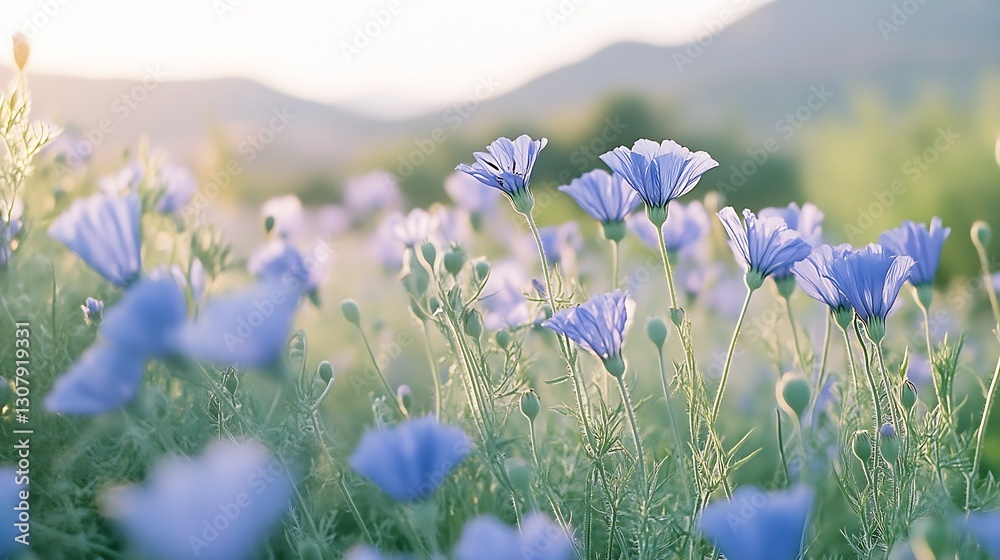 Poster delicate blue wildflowers blooming in a sunlit field surrounded by mountains in the background : gen