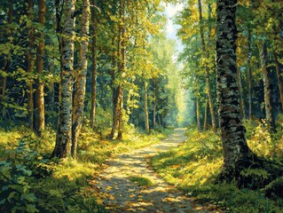 Fototapeta premium Dawn's Awakening: Forest Landscape Bathed in Morning Sunlight