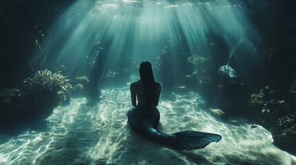 Fototapeta premium Mysterious mermaid silhouette underwater, sunbeams illuminate her in a dark ocean cave.