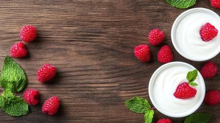 Indulge in creamy yogurt, topped with fresh raspberries and mint, a perfect dessert served in white bowls on a rustic table.