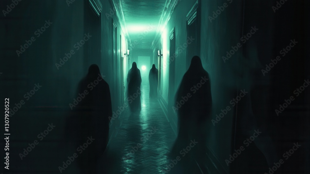 Poster dark corridor filled with ghostly figures and eerie light creating a chilling atmosphere of horror a