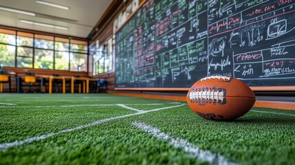 A rugby ball rests on a clean desk, next to a chalkboard filled with a football strategy, perfect for sports training.