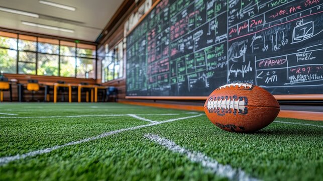 A rugby ball rests on a clean desk, next to a chalkboard filled with a football strategy, perfect for sports training.