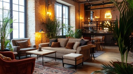 Cozy and Stylish Interior of a Modern Loft Apartment or Hotel Lounge