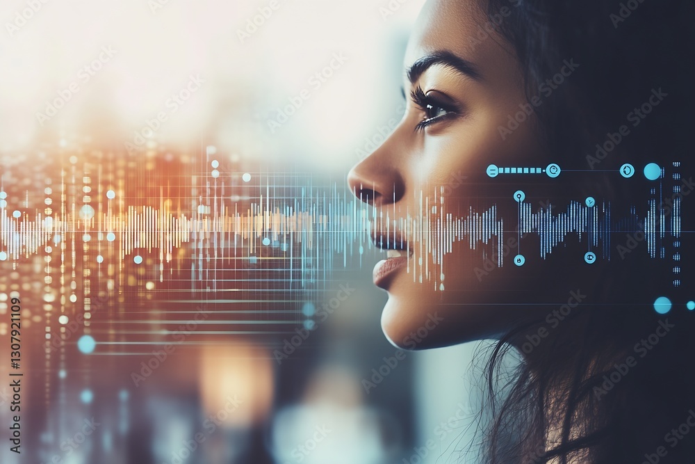 Leinwandbilder young woman profile capturing the intersection of technology and emotion with sound wave data visual