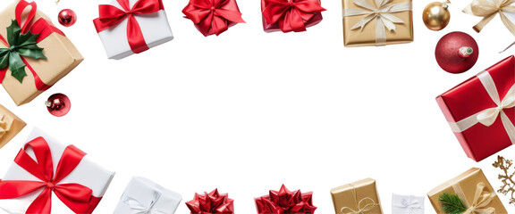 Christmas Eve concept. Top view photo of gift boxes with ribbon bows green red baubles gold star ornaments and pine branches on isolated transparent background with copyspace, PNG 