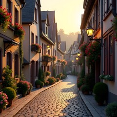 Fototapeta premium Charming Old European Cobblestone Street with Colorful Buildings and Blooming Flowers at Golden Hour
