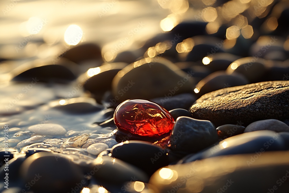 Leinwandbilder Glimmering Red Stone on Pebbled Shore at Sunset with Soft Bokeh Effect : Generative AI