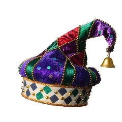 Decorative Mardi Gras jester hat with bells and multicolored panels isolated on a transparent background