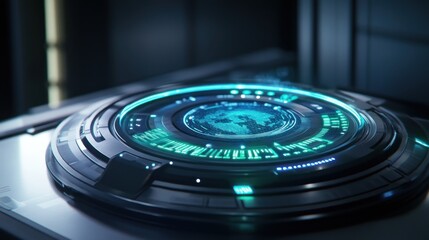 Futuristic holographic interface displaying a digital globe with glowing blue and green accents