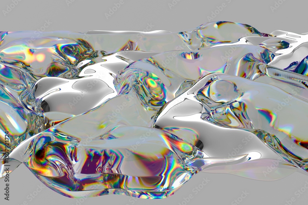 Poster 3D illustration of fluid, iridescent shapes with rainbow reflections, creating a mesmerizing and abstract visual effect reminiscent of flowing liquid or glass forms.