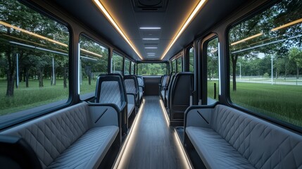 Fototapeta premium Modern school bus interior with ergonomic seating, smooth leather finish, large panoramic windows, and soft LED strip lighting along the aisle