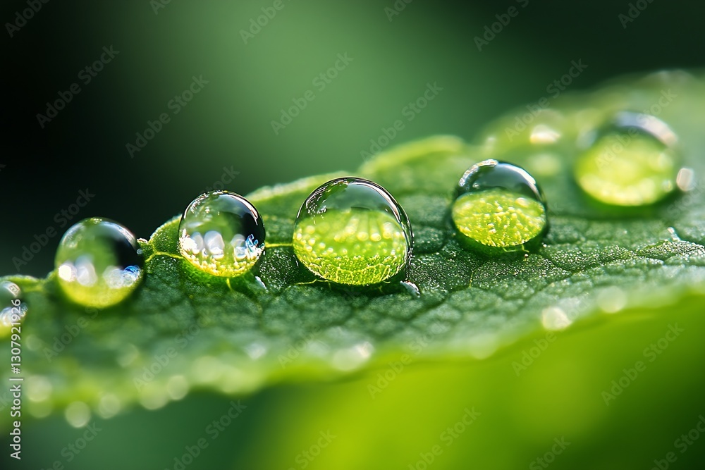 Poster close-up image of water droplets on a leaf glimmering in the light of morning dew : generative ai