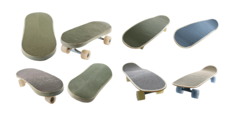 Collection of Unique Skateboard Designs on Display with Various Colors