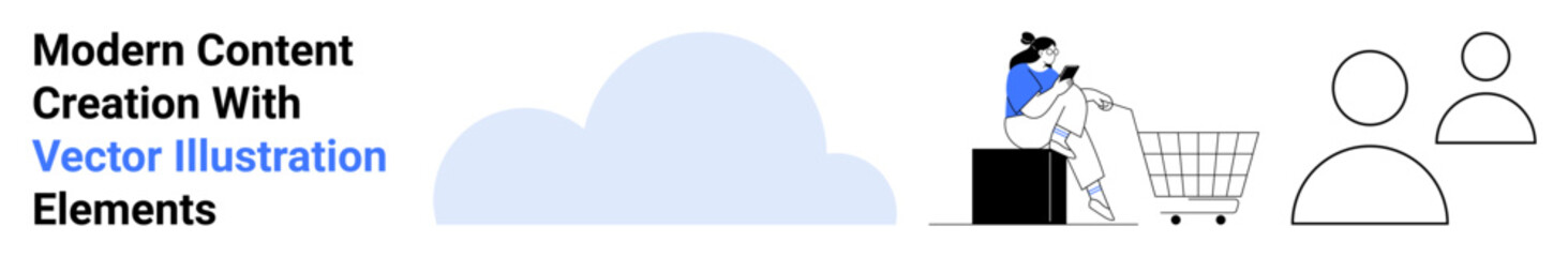 Woman seated with tablet, shopping cart nearby, abstract human icons, and a cloud accent. Ideal for e-commerce, online shopping, modern tech, consumer behavior, business analysis marketing and web