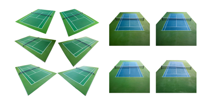 Tennis Courts from Above Showing Four Unique Court Designs, isolated on transparent background