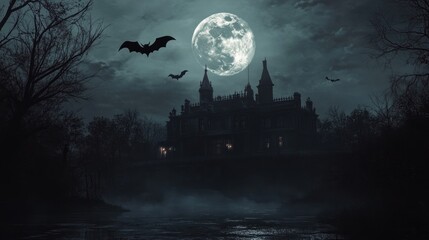A full moon illuminates a dark foggy landscape with a silhouette of a gothic building and bats