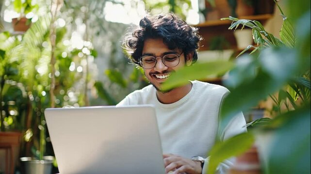 A young man smiles while working on a laptop in a lush outdoor setting