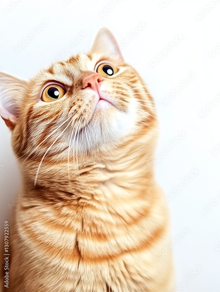 Poster adorable ginger cat with striking eyes looking up against a white background : generative ai