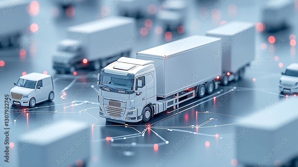 Poster Stylized representation of a large truck navigating a network of delivery routes with small vehicles on a digital platform : Generative AI