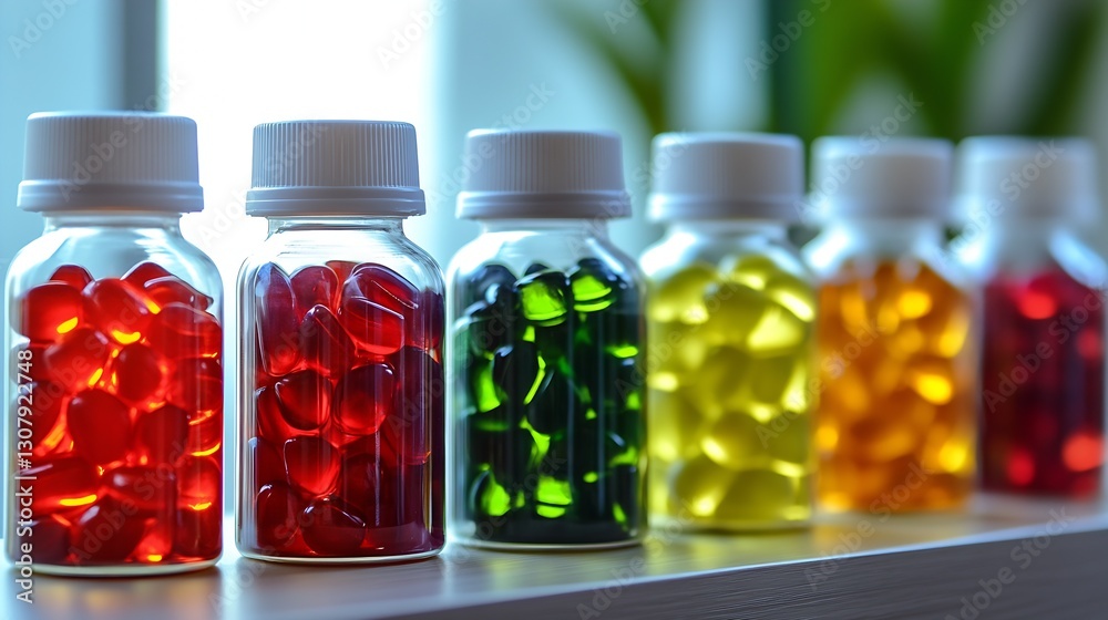 Poster brightly colored bottles filled with vibrant capsules showcasing health and wellness supplements : g