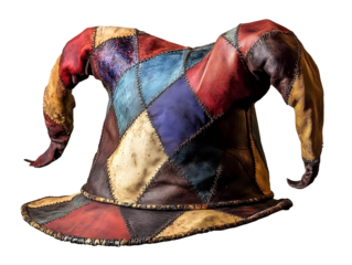 Old colorful jester hat with worn leather texture, medieval harlequin cap, vintage patchwork headwear, antique joker costume accessory, and festive design isolated on transparent background