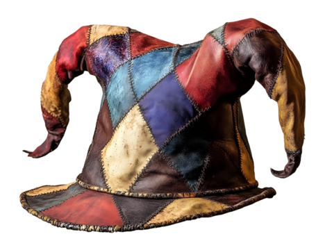 Old colorful jester hat with worn leather texture, medieval harlequin cap, vintage patchwork headwear, antique joker costume accessory, and festive design isolated on transparent background