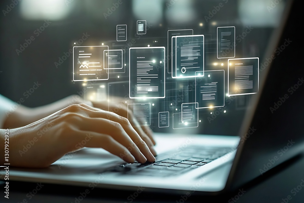 Fototapete Hands typing on a laptop with floating digital documents and data for efficient work management : Generative AI
