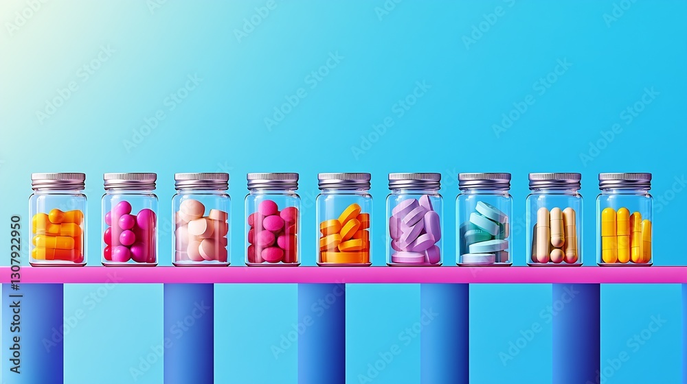 Aufkleber Array of Colorful Supplements in Glass Jars Organized Neatly on a Shelf with Blue Background : Generative AI