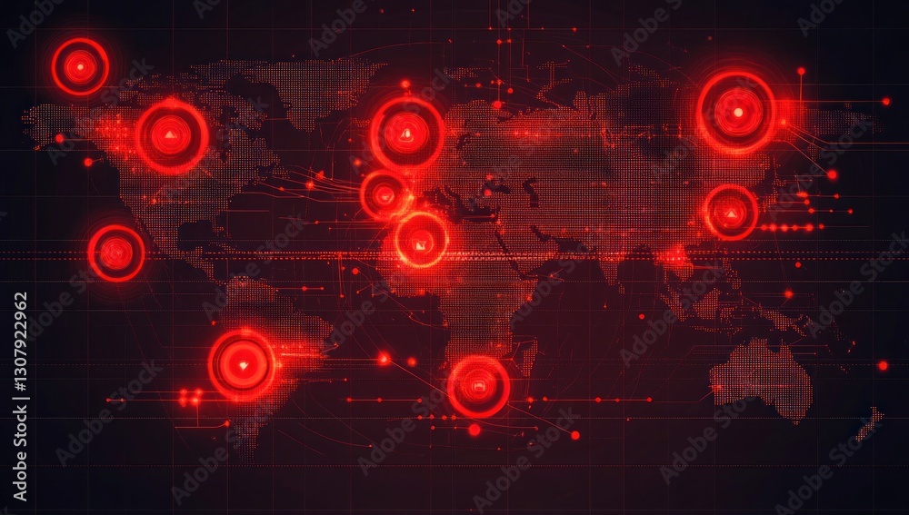 Poster global network map with red alert points.