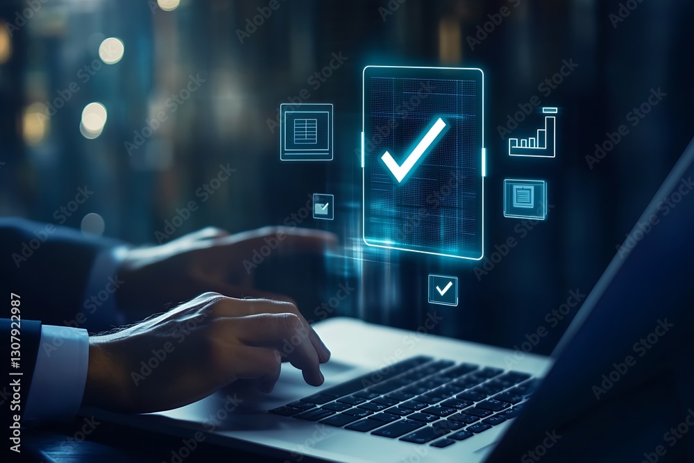 Poster Close-up of hands working on a laptop with an interactive digital checklist and approval symbols on display : Generative AI