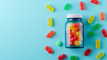 Colorful Assorted Jelly Candies in Jar with Clear Lid on Blue Background : Generative AI