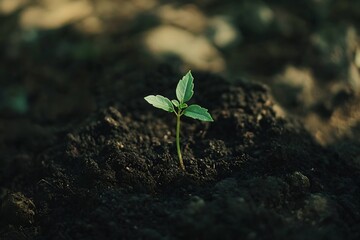 Minimalistic shot of a young cannabis seedling breaking through fertile soil capturing the essence of organic development : Generative AI