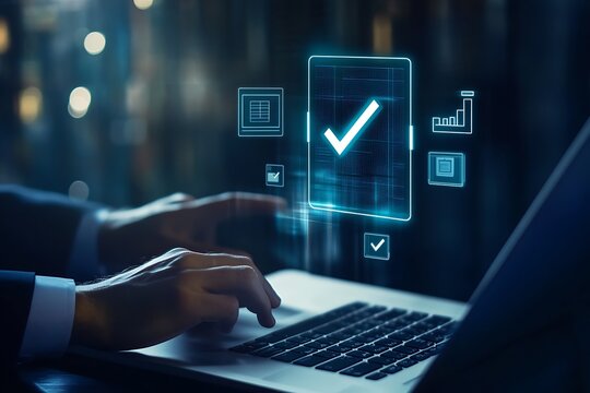Close-up of hands working on a laptop with an interactive digital checklist and approval symbols on display : Generative AI