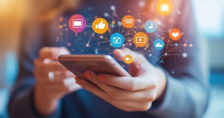 Person using smartphone with floating social media icons connected by network lines for digital communication : Generative AI