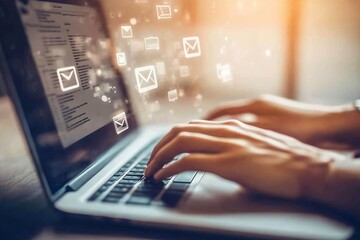 Hands typing on a laptop with digital email icons floating above the keyboard : Generative AI