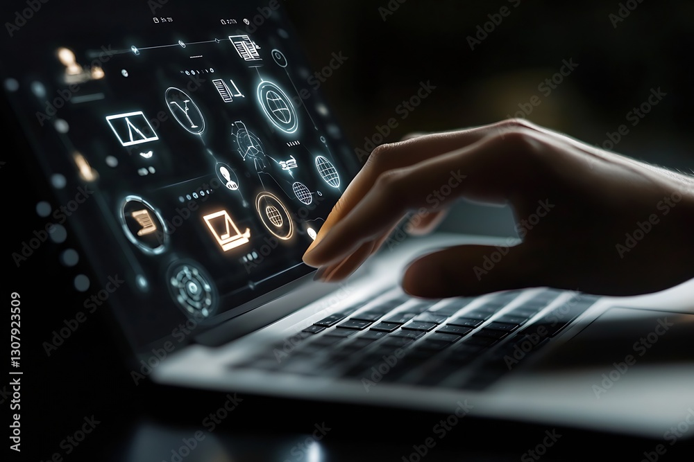 Fototapete Close up of hand using laptop with futuristic interface displaying digital icons and data : Generative AI