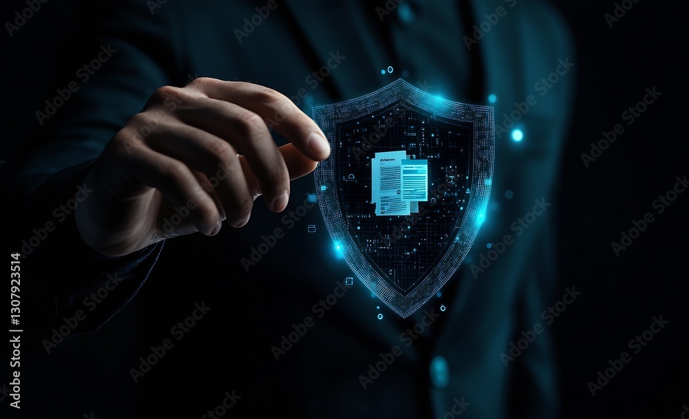 Poster business executive holding digital shield with documents on screen : generative ai