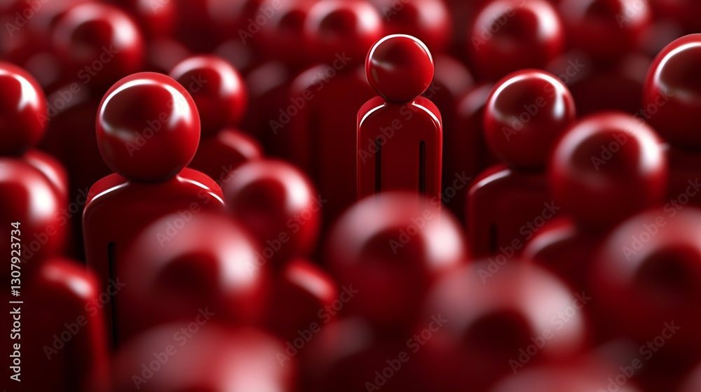 Poster Group of red human figurines with a single figure standing out in the center representing uniqueness : Generative AI