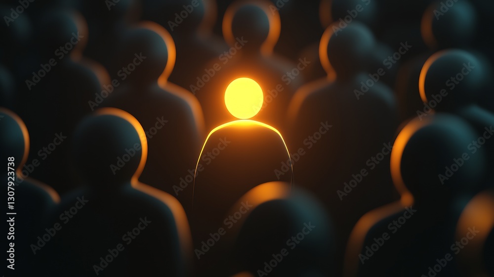 Aufkleber Illuminated figure standing out in a crowd symbolizing leadership and individuality in a dark setting : Generative AI