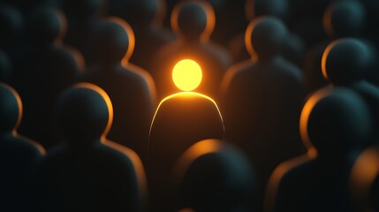 Obraz premium Illuminated figure standing out in a crowd symbolizing leadership and individuality in a dark setting : Generative AI