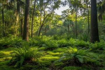 Fototapeta premium Vibrant tropical forest scene filled with lush undergrowth, providing a sanctuary for wildlife : Generative AI