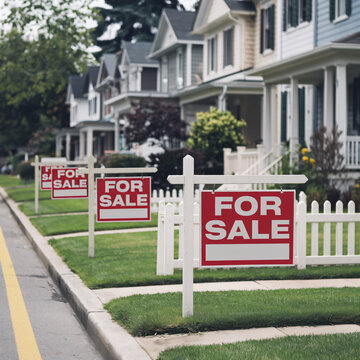 real estate for sale signs many houses available market glut concept illustration