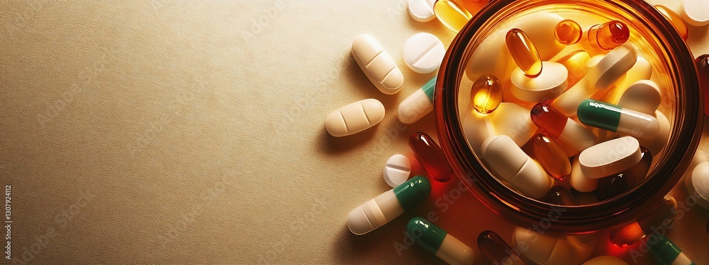 Poster diverse range of pills and capsules artistically arranged around a glass jar on a neutral backdrop :