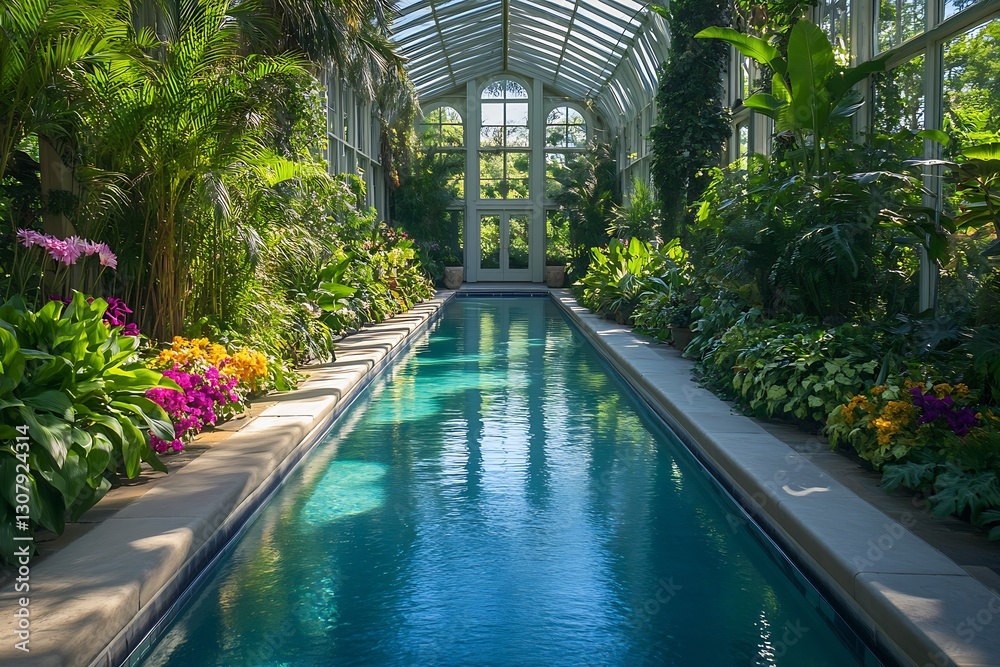 Poster elegant interior pool framed by rich greenery and colorful flowers in a grand conservatory setting :