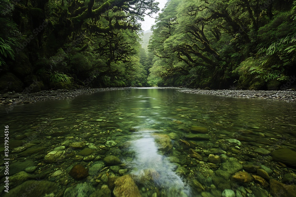 Poster serene river flowing through lush green forest surrounded by mossy trees and rocks : generative ai