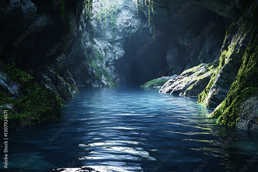 Aufkleber mysterious deep cave water scene with sunlight illuminating the rocky surfaces and mossy edges : gen