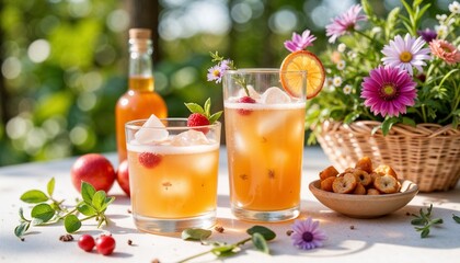 Fototapeta premium Aperol Spritz cocktails with ice, fruit garnish, and flowers, served outdoors on a sunny day with snacks.