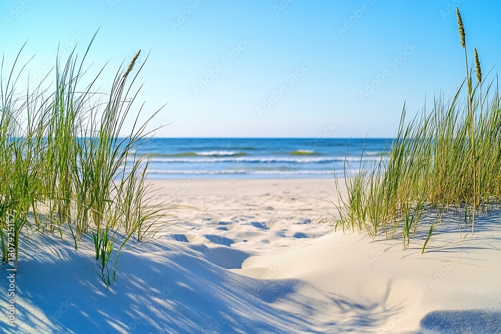 Poster Peaceful Beach Front with Soft Sand and Grass Fringing the Ocean View : Generative AI