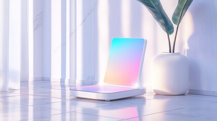 Sleek smart bathroom scale on polished tiles, holographic AR display showing BMI, muscle mass, and hydration levels, connected to a vibrant app screen